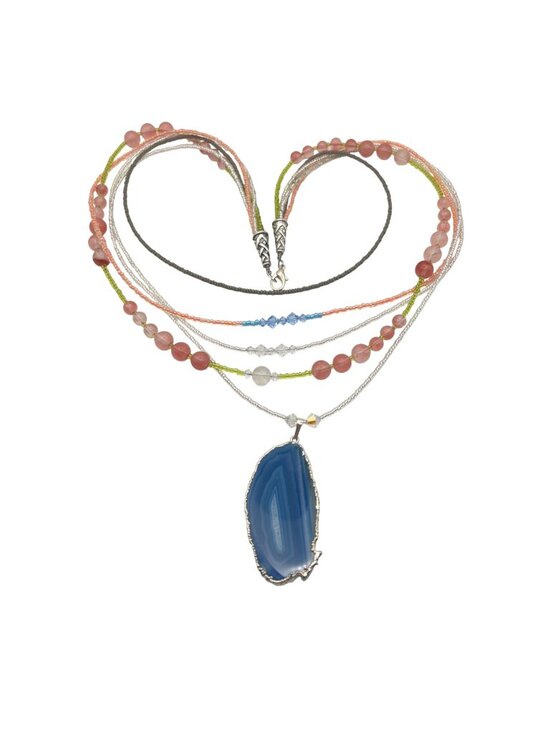 Jewelry - Blue Agate Slice Pendant Necklace Multistrand Beaded Boho Pink Green Glass Layer